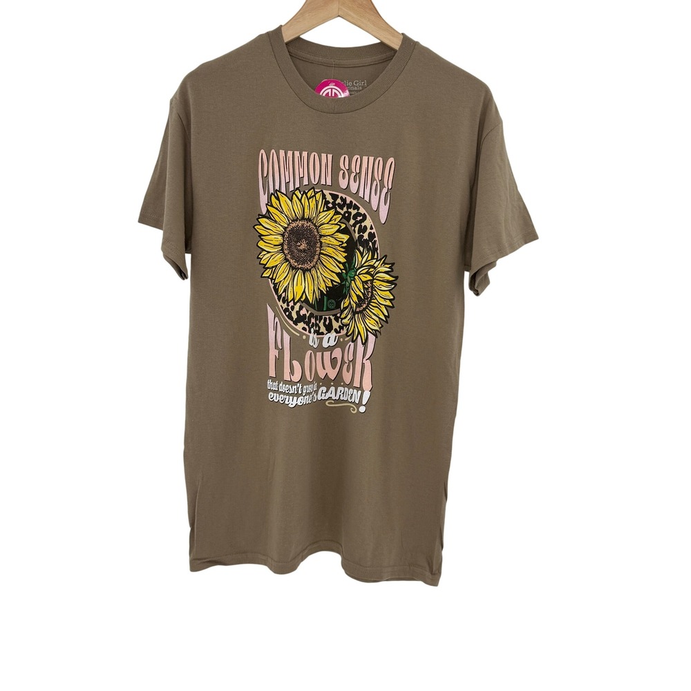NWT Girlie Girl Originals Common Sense Sunflower Graphic T Shirt Womens M Brown